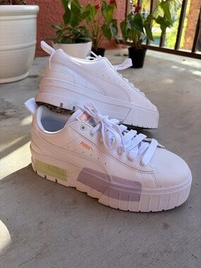 Puma White Platform Sneakers with Lavender and Pale Green Accents